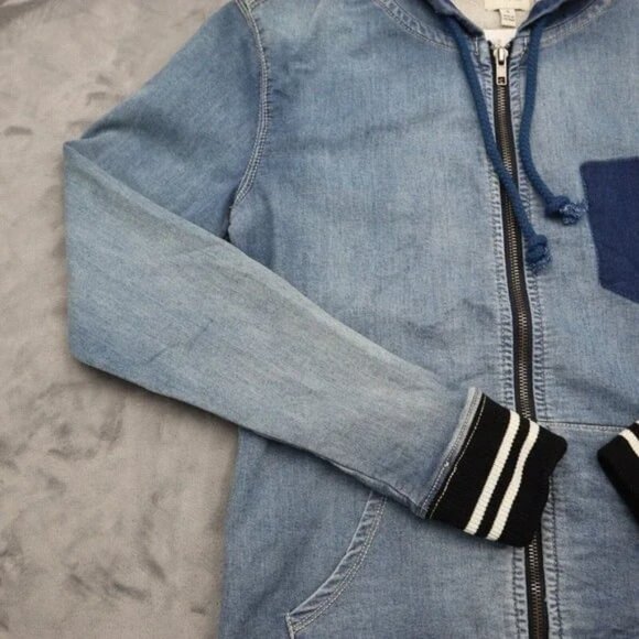 Sneak Peek Jacket Womens Blue Long Sleeve Full Zip Pockets Denim Hoodie - Picture 7 of 8